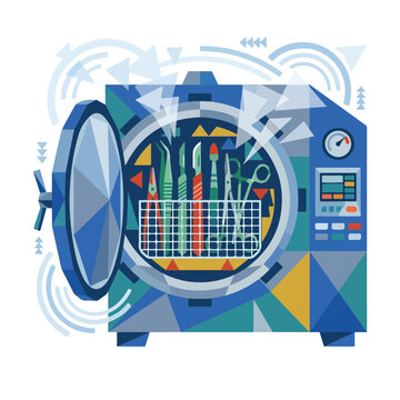 Geometric illustration of a medical autoclave sterilizing surgical instruments with steam