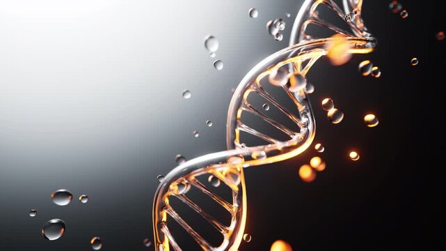 Glass DNA Double Helix with Water Droplets &mdash; Biotech Animation