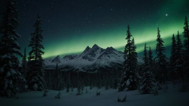 Aurora Borealis dancing across a snowy forest landscape with mountains under a starry night sky