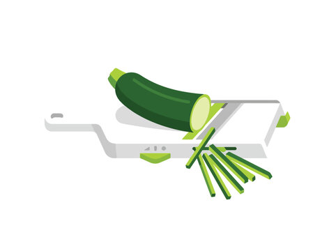 Flat vector illustration of a kitchen mandoline slicer cutting fresh green zucchini matchsticks.
