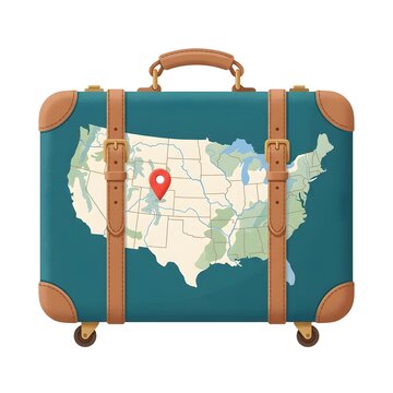 Vintage suitcase with USA map and location pin for travel concept