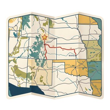 Folded road map showing US states with a planned route and star