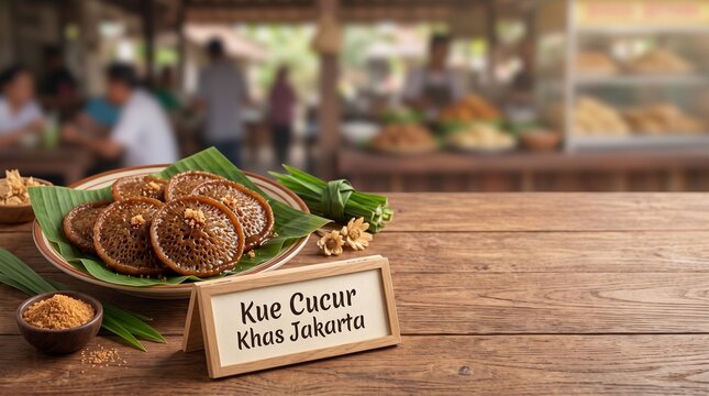 Traditional Indonesian Kue Cucur Khas Jakarta Brown Sugar Sweet Pancakes on Wooden Table and Market