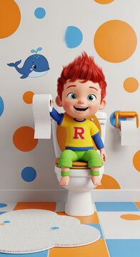 Cartoon boy sitting on a toilet with toilet paper, representing childhood, potty training, and a playful bathroom scene.