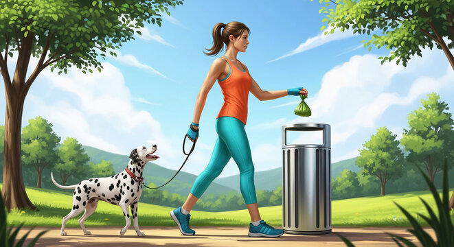 Woman walking dog in park, disposing waste in bin, symbolizing responsible pet ownership, outdoor activity, and clean environment