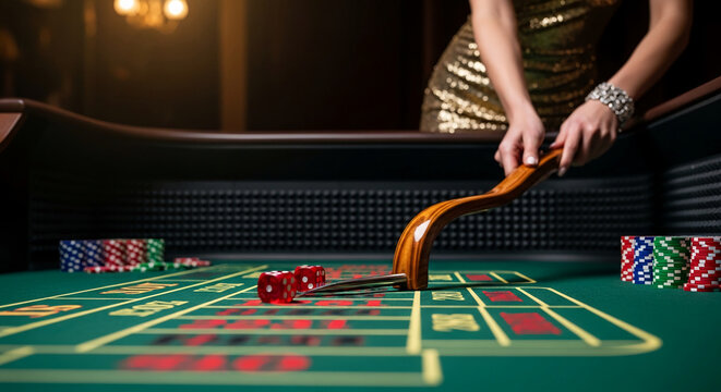 Close-up of a casino table with dice and chips, representing chance, luck, and high stakes games.