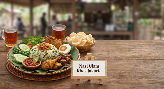 Indonesian Nasi Ulam Jakarta meal on banana leaf plate with two tea glasses and sign on wooden table in a food stall