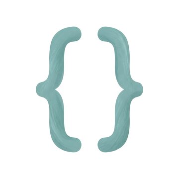 Curly brackets symbol in teal watercolor texture on white background