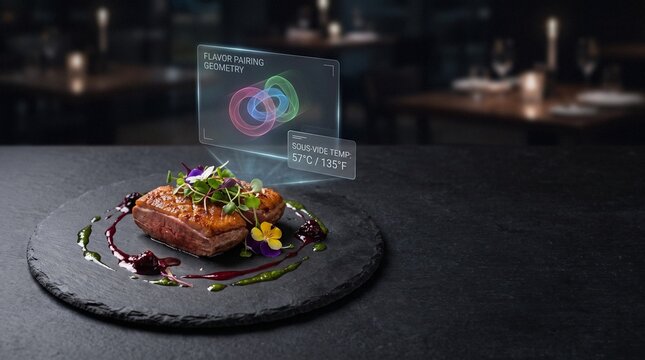 Gourmet sous-vide duck breast on slate plate with futuristic holographic culinary flavor pairing display in restaurant