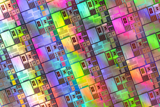 High-tech Macro Photography of a Colorful Silicon Wafer with Microchip Patterns for AI Hardware and Semiconductor Industry Concept.