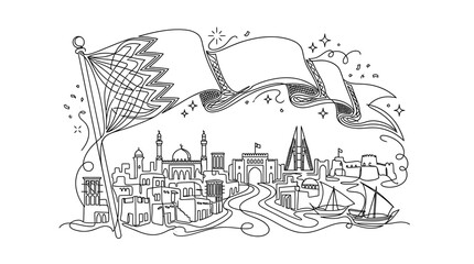 Fototapeta premium Minimalist continuous line drawing of Bahrain flag waving over city skyline landmarks