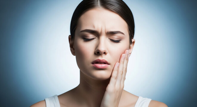Close-up of a woman's face grimacing in pain, touching her cheek, symbolizing discomfort, illness, or injury, suitable for medical concepts