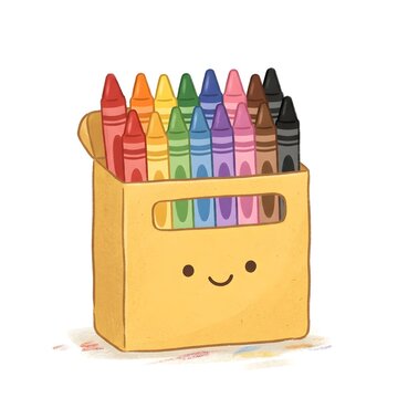 Cute box of colorful crayons with a smiling face illustration