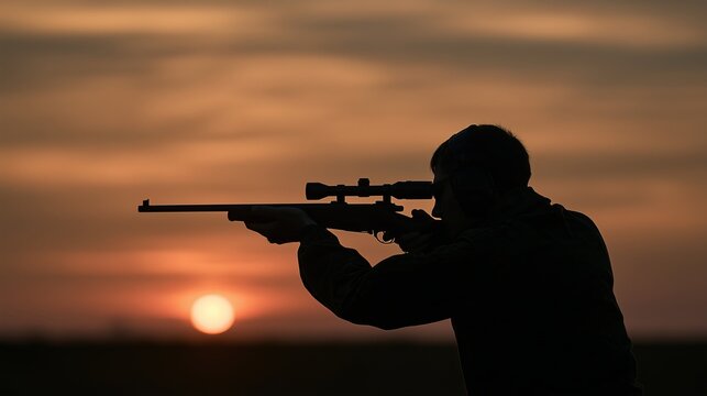 Person aiming a rifle during sunset on a field with a clear sky in the background