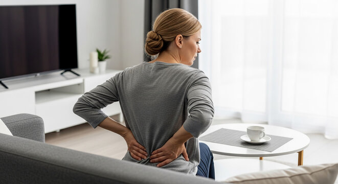 Woman with blonde hair experiencing back pain, sitting on a couch with hands on her lower back, symbolizing discomfort and physical ailment