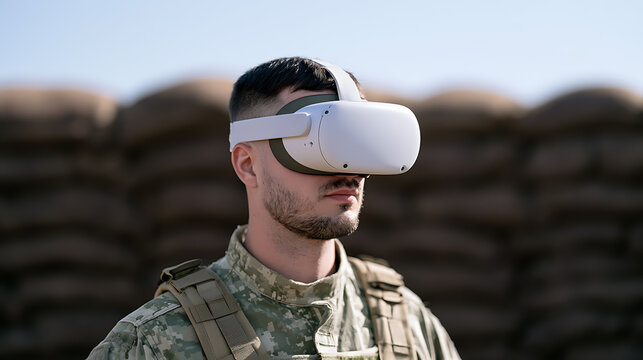 A soldier in combat gear wears a virtual reality headset outdoors near sandbags, exploring simulation technology for modern military training