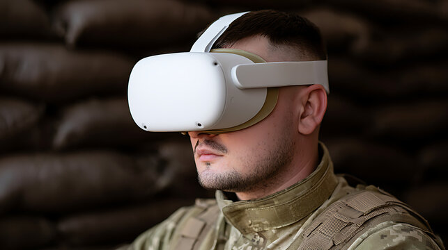 A soldier in military uniform wear virtual reality headset for simulation training exercise inside a secure bunker with sandbag walls background