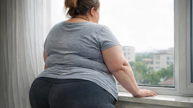 Woman sits by window, gazing outward
