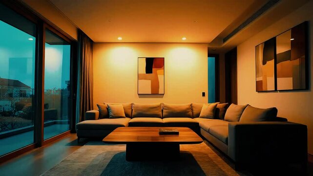 Cozy modern living room interior with warm lighting and stylish sectional sofa at night