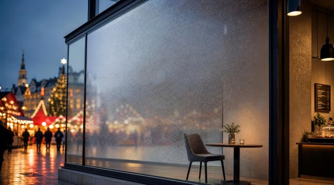 Modern cafe interior with frosted window overlooking Christmas market