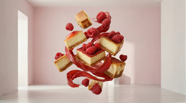 Cheesecake cubes and raspberry puree ribbons floating in a minimal studio setting