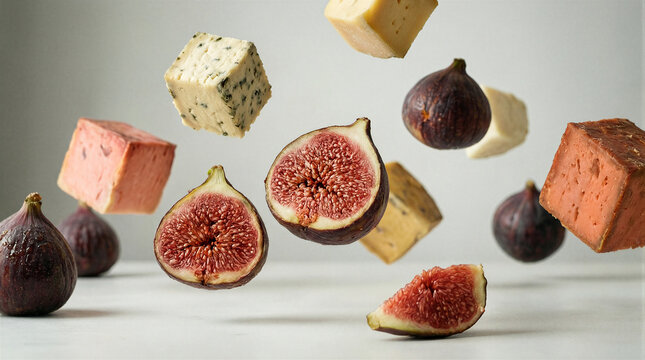 Ripe figs and artisanal cheese cubes floating in tranquil equilibrium against a neutral studio background