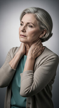Portrait of an elderly woman with gray hair, hands on her neck, looking sideways, symbolizing reflection, wisdom, and experience