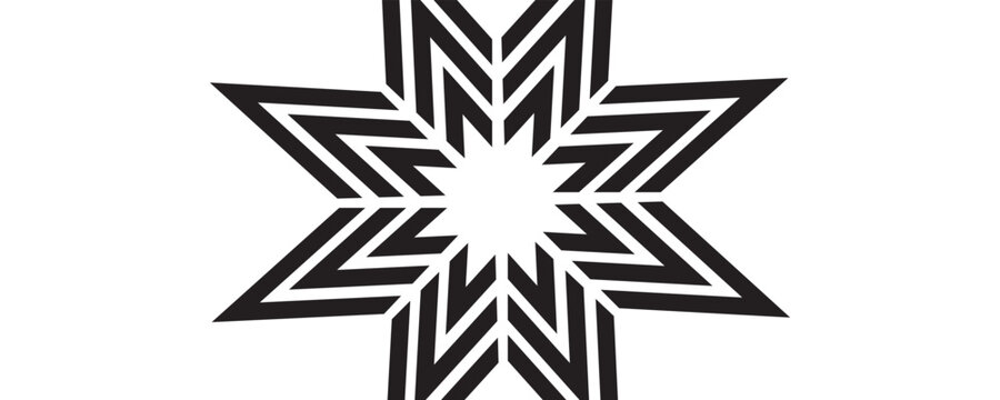 Abstract black geometric eight pointed star mandala pattern isolated on white background. Minimalist modern ornamental vector illustration for banner, backdrop, and design templates.