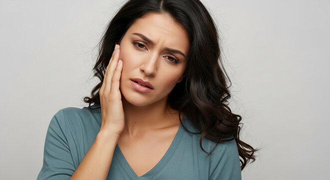 Woman with dark hair touching her cheek with a pained expression, symbolizing discomfort or pain, suitable for medical or emotional themes.