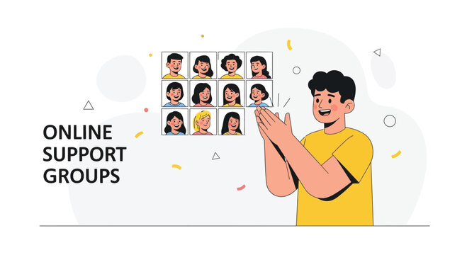 Online Support Groups Meeting Concept: Diverse People in Video Call App with Man Applauding