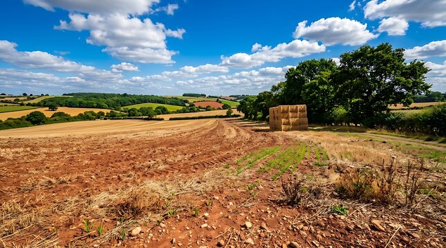 Rolling Green Hills and Hay Bales Under a Blue Sky with White Clouds in the Countryside agriculture rural
