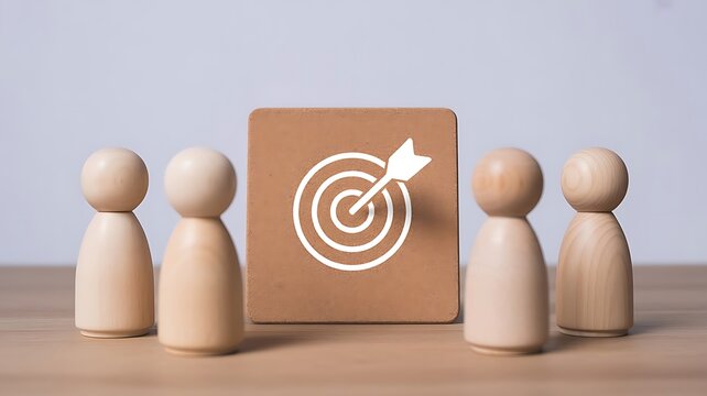 Four wooden peg dolls standing around a square wooden block featuring a white target symbol on a light wooden surface against a plain background