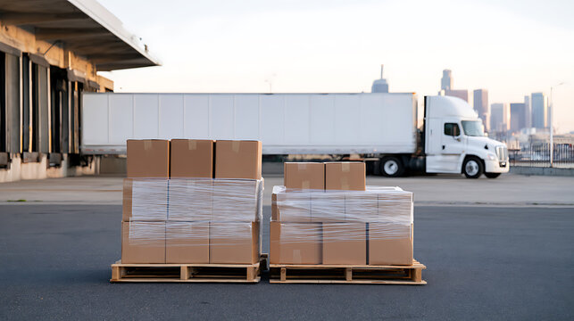 Industrial logistics depot with wooden pallets loaded with cardboard boxes and shrink wrap ready for distribution by freight semi truck vehicle