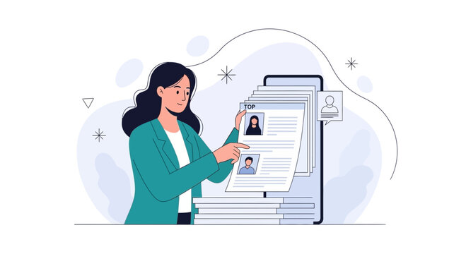 Recruiter reviewing candidates on digital screen, HR selection process, employment screening, job application review