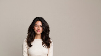 Fototapeta premium young latina woman with confident expression, latina woman portrait with soft wavy hair, elegant latina female studio portrait
