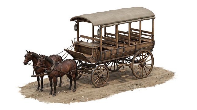 Vintage Horse Drawn Stagecoach Carriage Vehicle Isolated on White Background