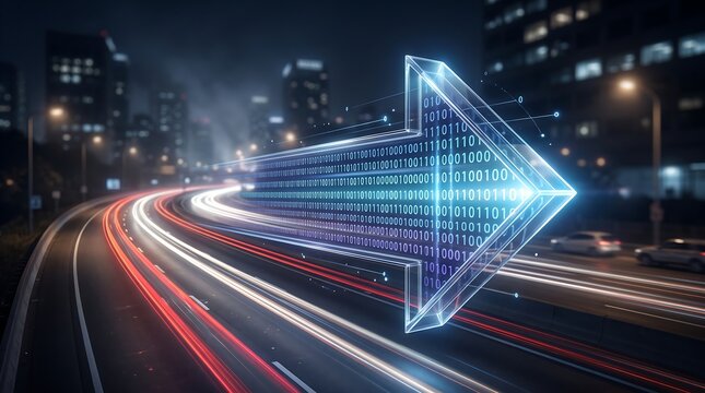 Digital data stream arrow moving forward on highway at night with light trails and binary code overlay representing high speed information transfer and future technology