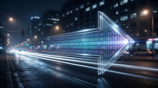 Digital transformation arrow shape with binary code overlaying city street at night concept of business growth and technological advancement in urban environment