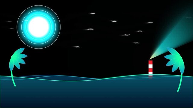 Animated Lighthouse with Rotating Light Beam at Night