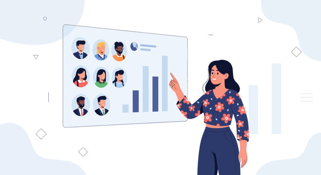 Businesswoman analyzing diverse team data on a digital screen with graphs and employee avatars, representing HR analytics, teamwork, and data visualization.