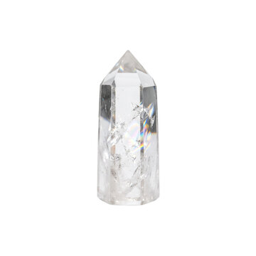 Clear quartz crystal point isolated on white, polished transparent gemstone tower, natural mineral stone wand for healing and meditation