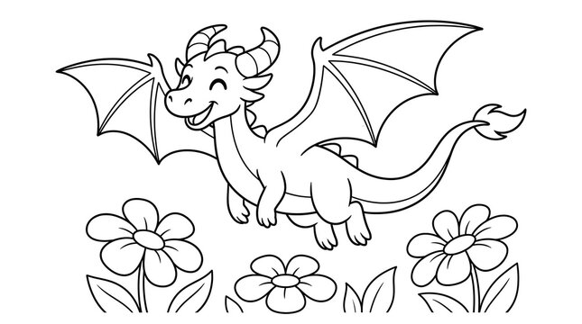 A cute little cartoon dragon flying happily over a field of beautiful flowers in a simple black and white line drawing