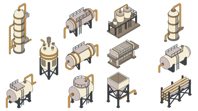 Creative Isometric of Industrial Equipment and Chemical Processing Vessels in Tan Gray and Orange