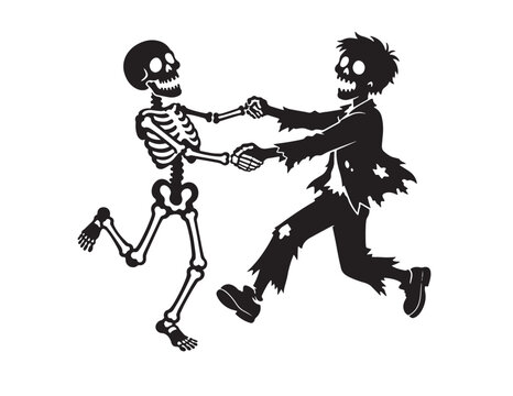 Skeleton and zombie dancing happily together halloween vector silhouette for party designs