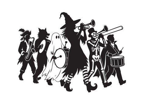 Group of friends in halloween costumes playing musical instruments in a festive parade design