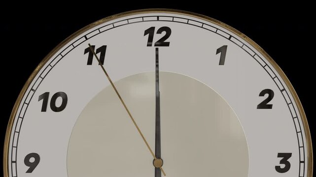 時計の針が11時59分50秒から12時00分10秒まで進む3DCG