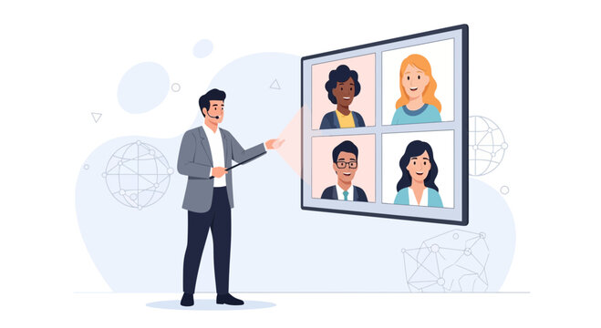 Diverse Team Collaborating via Video Conference Call with Presenter