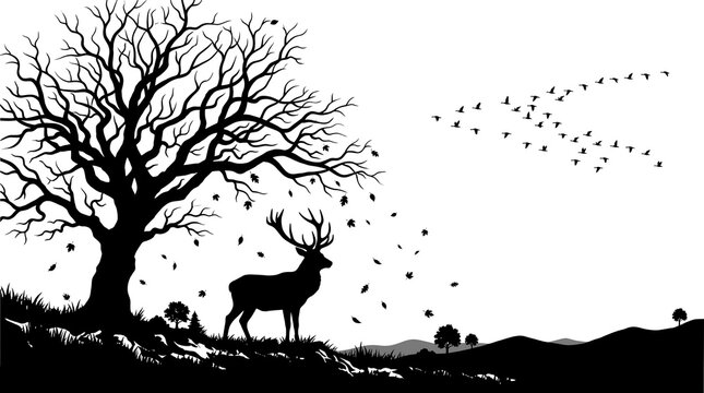 Silhouette of a majestic deer standing under a leafless tree in autumn.