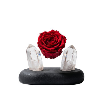 Mystical red rose levitating between clear quartz crystals, spiritual zen arrangement on black basalt stone, ethereal floral composition for meditation