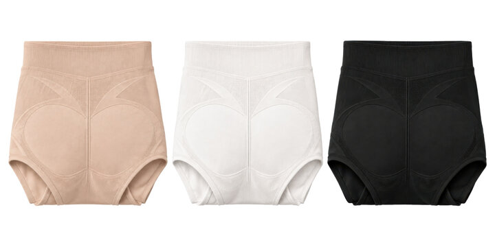 Women's hip up shaper brief underwear three-pack, stretch microfiber, nude beige, white and black, support panel and contoured seat. Studio shot isolated on white background, retail.